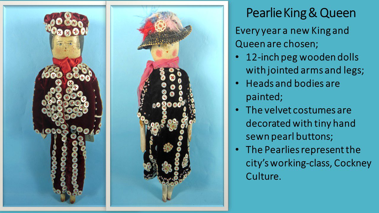 The description of pearlie king and queen with an image and blue background