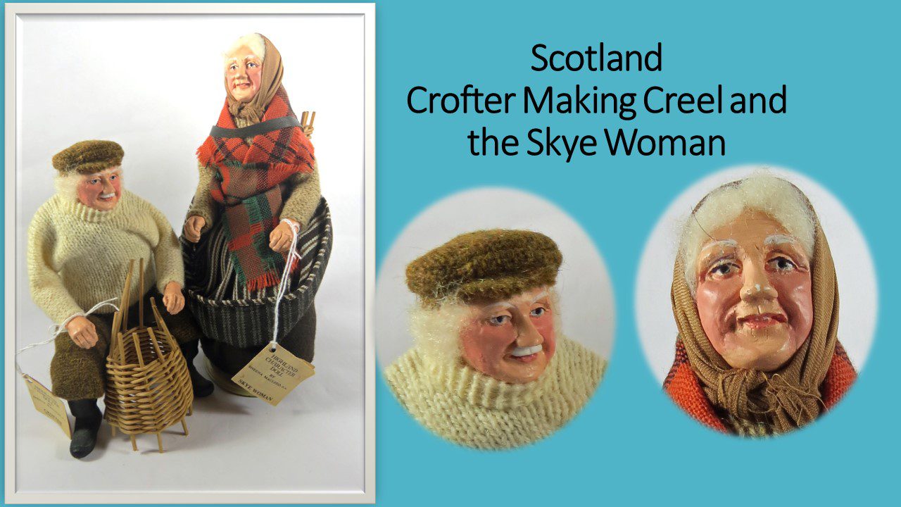 The description of Scotland crofter making creel and the skye woman with an image and blue background