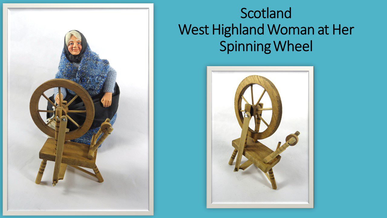 The description of Scotland west hignland woman at her spinning wheel with an image and blue background